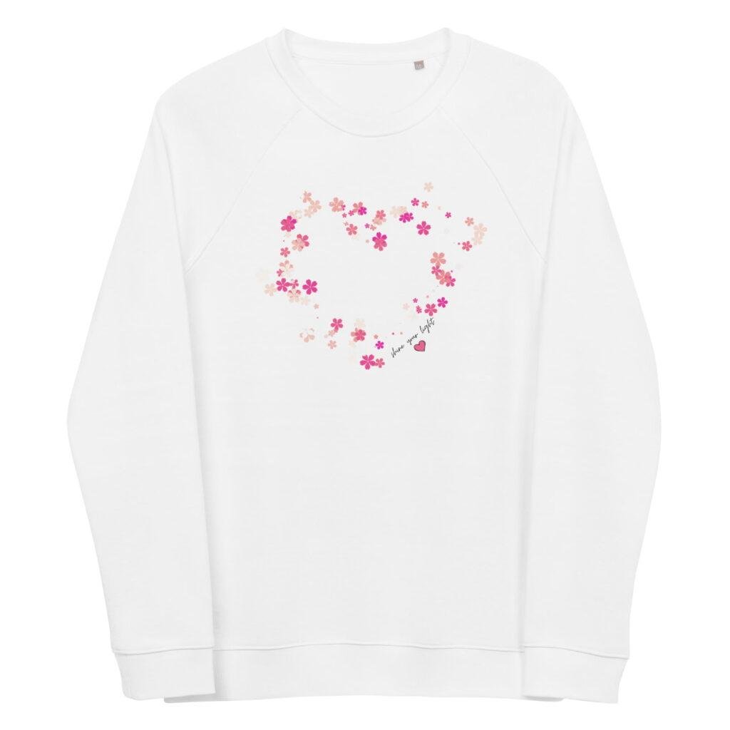 Džemperis be gobtuvo, unisex klasikinis modelis su užrašu "SHINE YOUR LIGHT". Universalaus dizaino džemperis gražiai dera su kitais drabužiais, nuo sportinių marškinėlių iki elegantiškų sijonų.. Džemperis pagamintas iš 80% organinės medvilnės