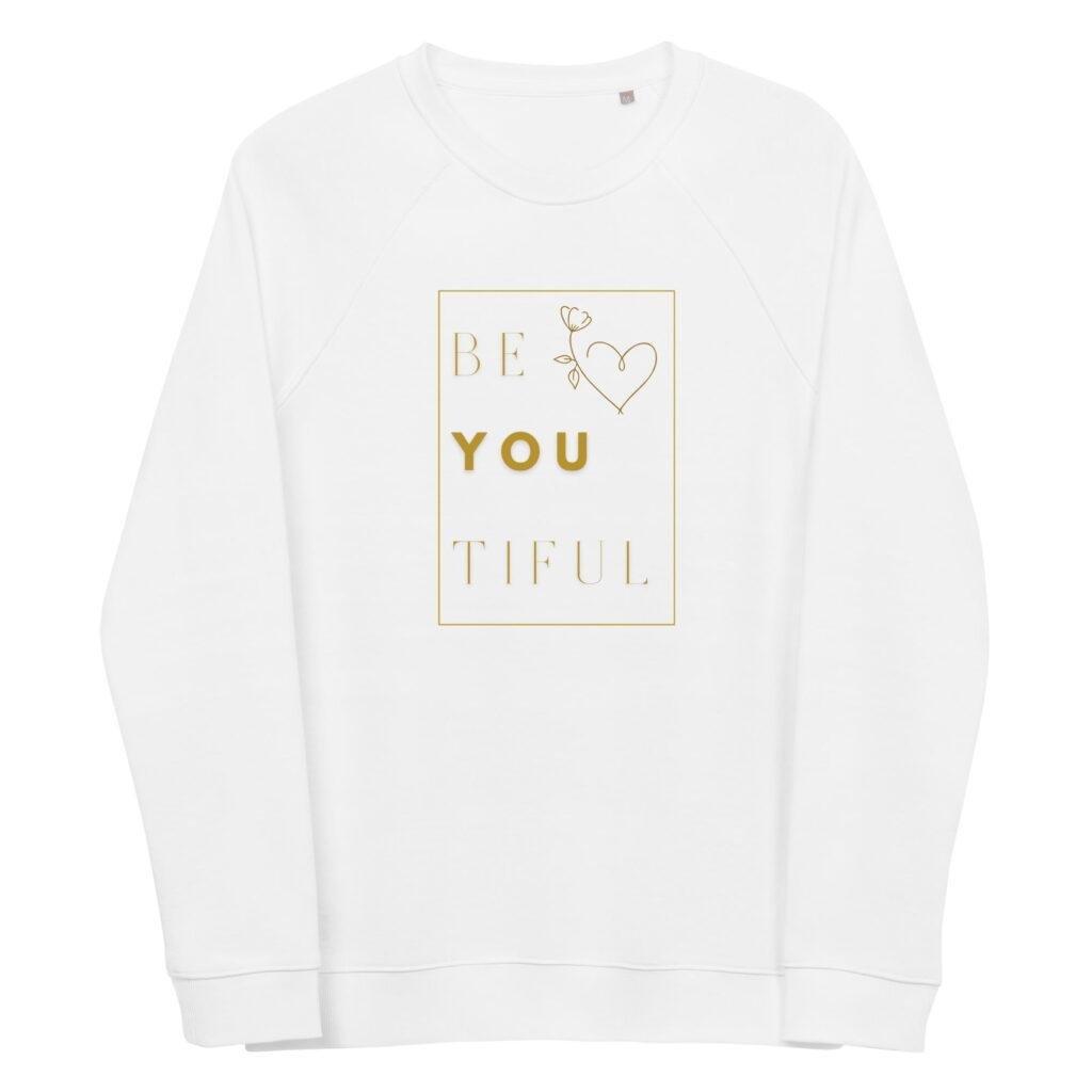 Praturtinkite savo stilių klasikiniu džemperiu su užrašu "BEYOUTIFUL". Universalaus dizaino džemperis gražiai dera su kitais drabužiais, nuo sportinių marškinėlių iki elegantiškų sijonų.. Džemperis pagamintas iš 80% organinės medvilnės – tai puikus pasirinkimas ekologiškai sąmoningiems pirkėjams.