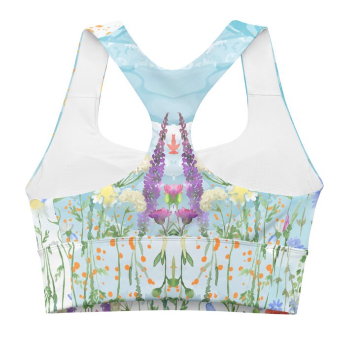 Sportinė liemenėlė su gėlėmis. Išimamos pagalvėlės, kompresinis audinys suteikia patogumą bei tvirtą atramą įvairaus intensyvumo treniruotėms.