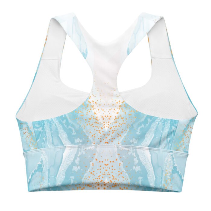 Sportinė liemenėlė su ilgu siluetu suteikia patogumą įvairaus intensyvumo treniruotėms. Iš perdirbto poliesterio, turi dvigubą priekinį sluoksnį