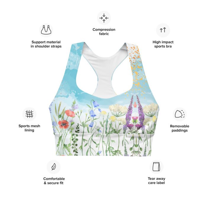 Sportinė liemenėlė su gėlėmis. Išimamos pagalvėlės, kompresinis audinys suteikia patogumą bei tvirtą atramą įvairaus intensyvumo treniruotėms.