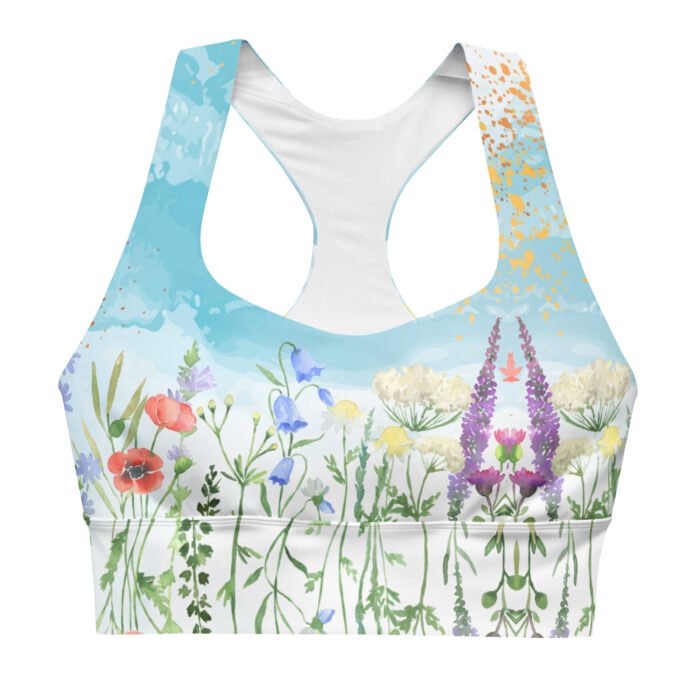 Sportinė liemenėlė su gėlėmis. Išimamos pagalvėlės, kompresinis audinys suteikia patogumą bei tvirtą atramą įvairaus intensyvumo treniruotėms.