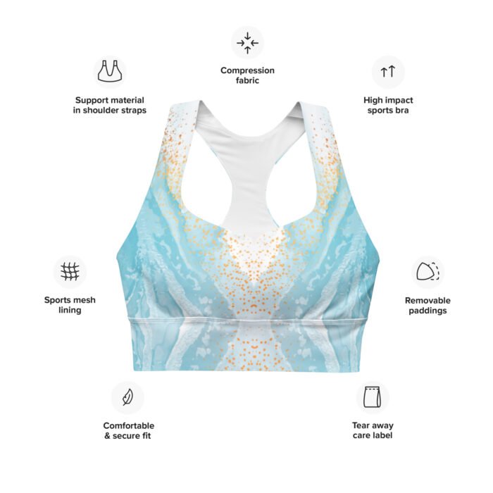 Sportinė liemenėlė su ilgu siluetu suteikia patogumą įvairaus intensyvumo treniruotėms. Iš perdirbto poliesterio, turi dvigubą priekinį sluoksnį