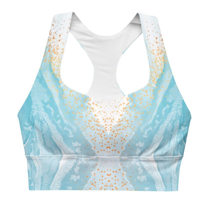 Sportinė liemenėlė su ilgu siluetu suteikia patogumą įvairaus intensyvumo treniruotėms. Iš perdirbto poliesterio, turi dvigubą priekinį sluoksnį