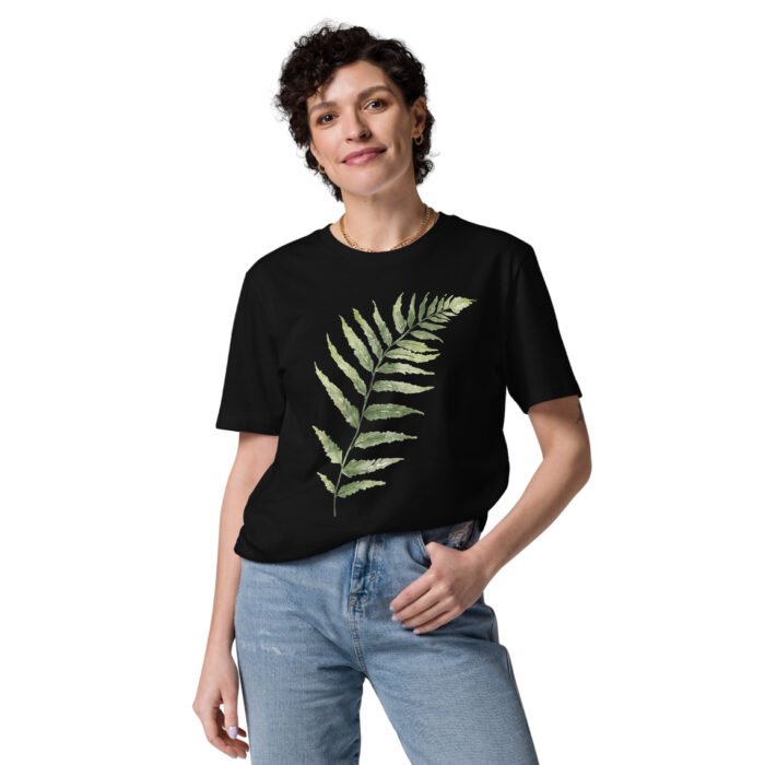 Unisex marškinėliai su žaliais lapais. Šie marškinėliai su žalių lapų dizainu pagaminti iš 100% organinės medvilnės, todėl yra minkšti ir draugiški aplinkai
