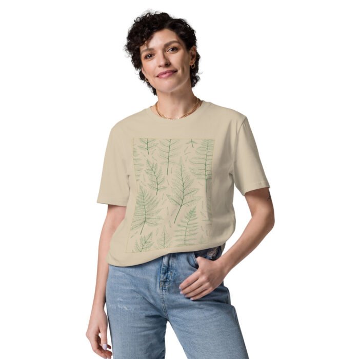 Unisex marškinėliai su žalių lapų raštu – minimalistinis dizainas tiems, kurie vertina gamtos grožį. Lengvi, patogūs ir pagaminti iš 100% organinės medvilnės.