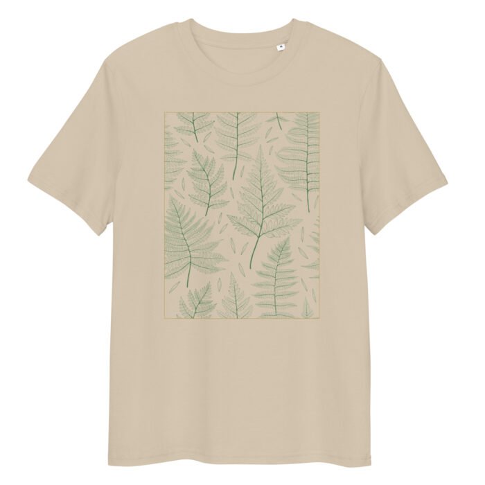 Unisex marškinėliai su žalių lapų raštu – minimalistinis dizainas tiems, kurie vertina gamtos grožį. Lengvi, patogūs ir pagaminti iš 100% organinės medvilnės.