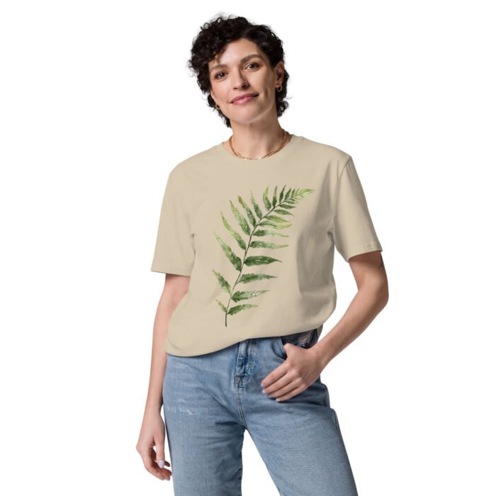 Unisex marškinėliai su žaliais lapais. Šie marškinėliai su žalių lapų dizainu pagaminti iš 100% organinės medvilnės, todėl yra minkšti ir draugiški aplinkai