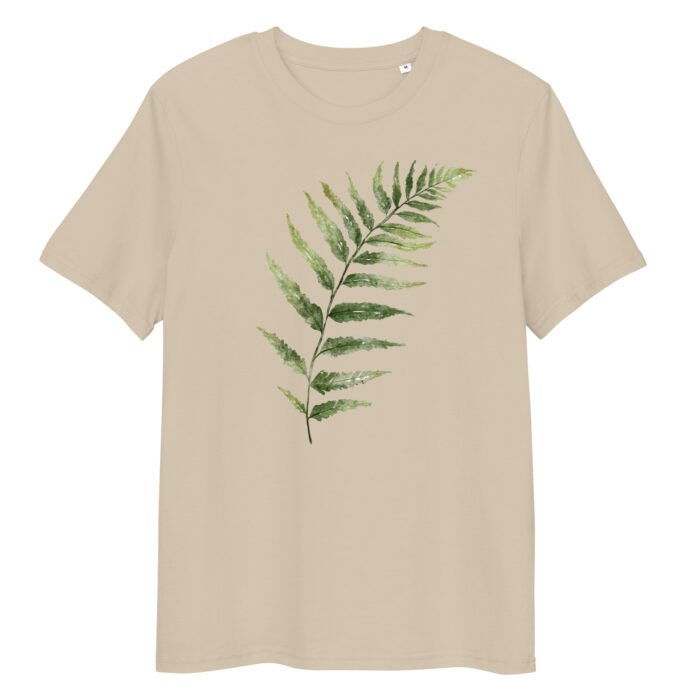 Unisex marškinėliai su žaliais lapais. Šie marškinėliai su žalių lapų dizainu pagaminti iš 100% organinės medvilnės, todėl yra minkšti ir draugiški aplinkai