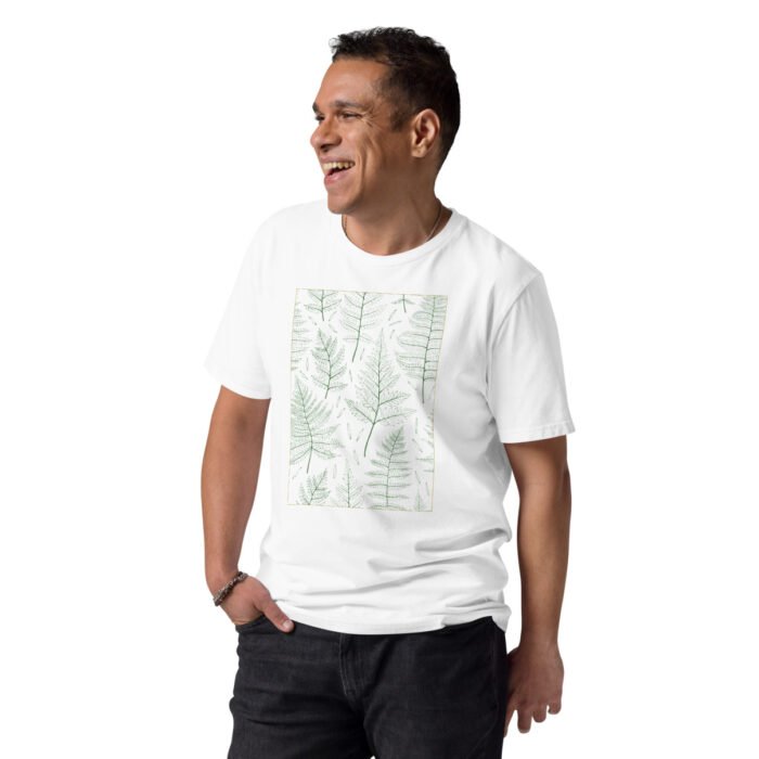 Unisex marškinėliai su žalių lapų raštu – minimalistinis dizainas tiems, kurie vertina gamtos grožį. Lengvi, patogūs ir pagaminti iš 100% organinės medvilnės.