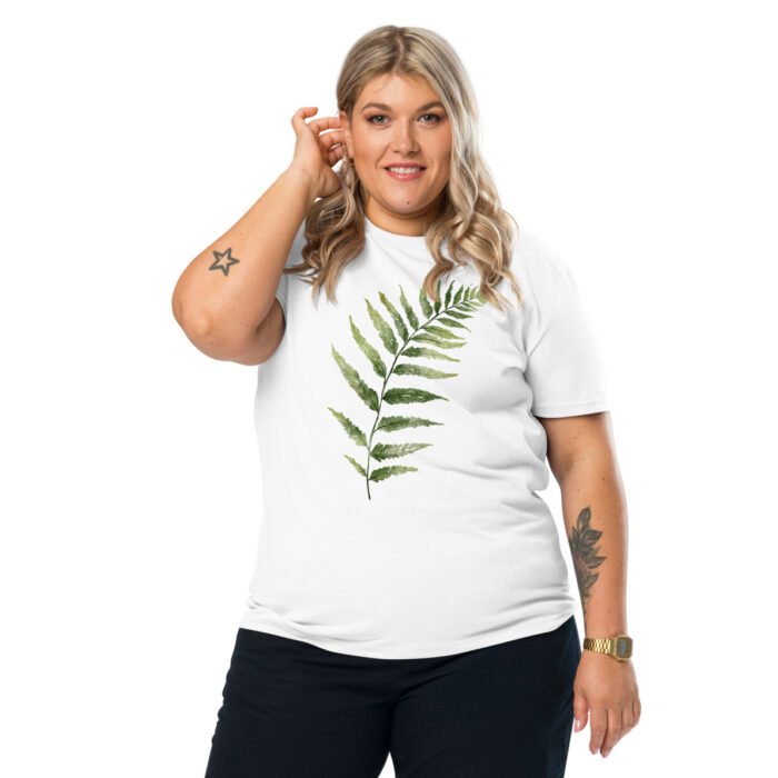 Unisex marškinėliai su žaliais lapais. Šie marškinėliai su žalių lapų dizainu pagaminti iš 100% organinės medvilnės, todėl yra minkšti ir draugiški aplinkai