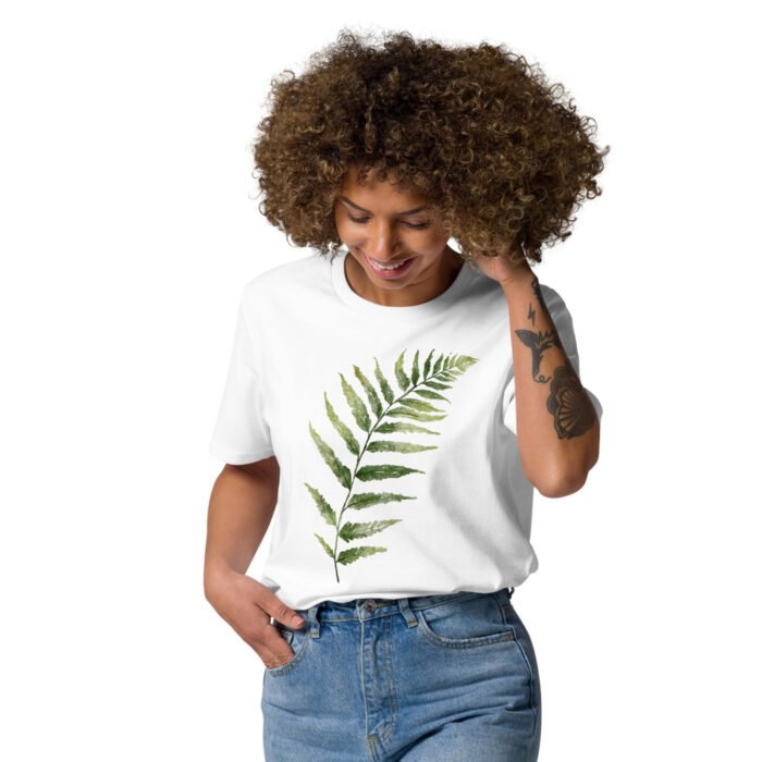Unisex marškinėliai su žaliais lapais. Šie marškinėliai su žalių lapų dizainu pagaminti iš 100% organinės medvilnės, todėl yra minkšti ir draugiški aplinkai