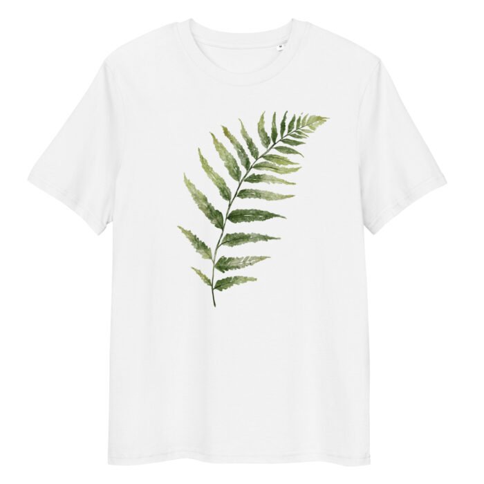 Unisex marškinėliai su žaliais lapais. Šie marškinėliai su žalių lapų dizainu pagaminti iš 100% organinės medvilnės, todėl yra minkšti ir draugiški aplinkai