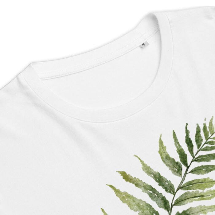 Unisex marškinėliai su žaliais lapais. Šie marškinėliai su žalių lapų dizainu pagaminti iš 100% organinės medvilnės, todėl yra minkšti ir draugiški aplinkai
