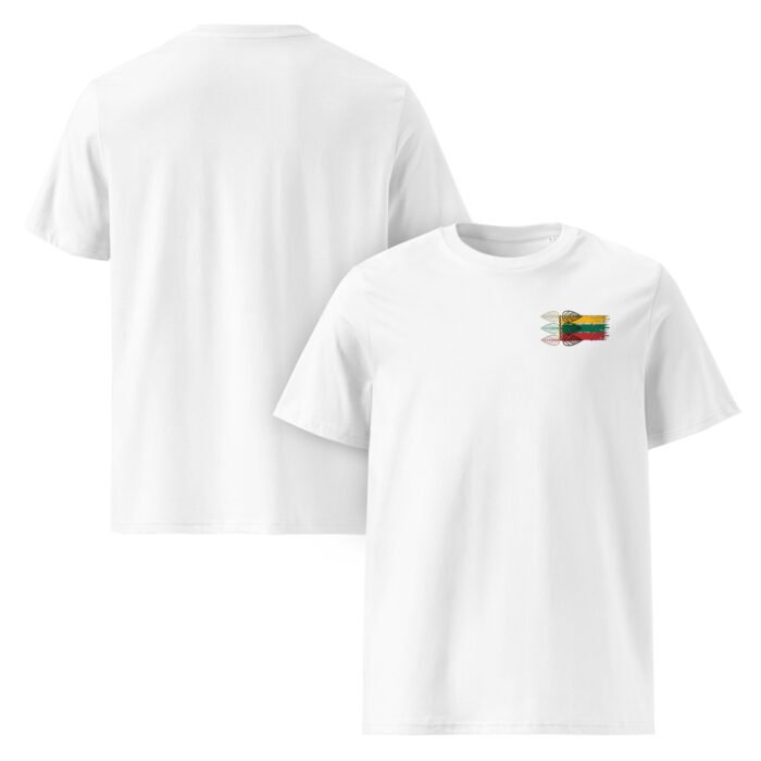 Unises marškinėliai "Trispalvė prigimtis". Spalvų harmonija, įkvėpta gamtos ir tautinių motyvų. 100% organinės medvilnės marškinėliai kasdienai.