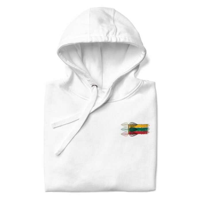 Unisex džemperis su gobtuvu – subtilus lietuviškų spalvų atspindys be perteklinių detalių. Trispalvė integruota į minimalistinį dizainą