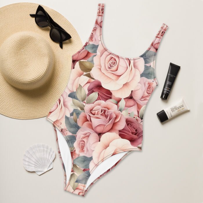 Maudymosi kostiumėlis su rožių raštu – tai moteriškumo ir gamtos švelnumo derinys. Vasaros atostogoms, baseinui ar fotosesijai pajūryje.
