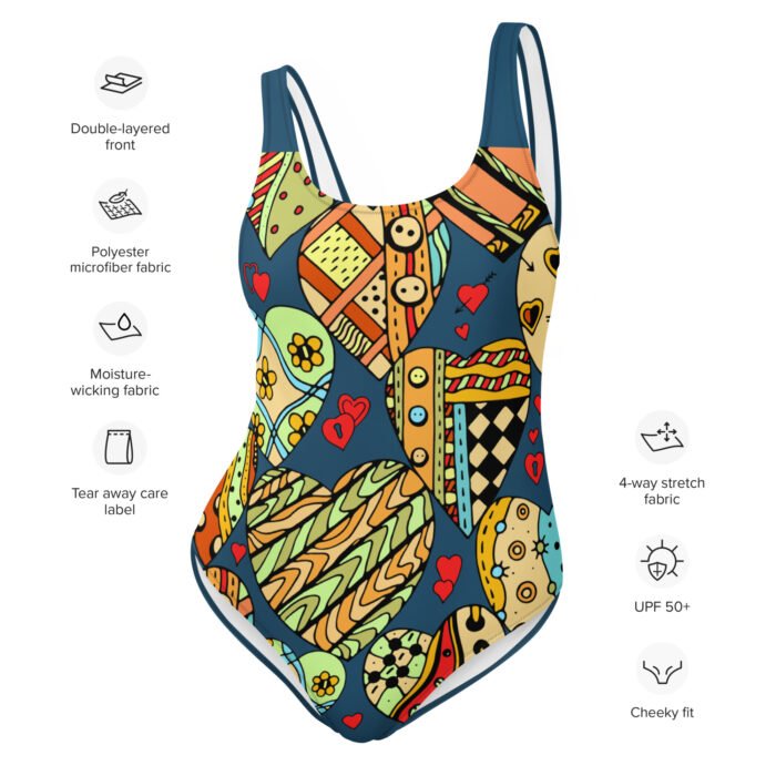 Šis vientisas maudymosi kostiumėlis sujungia gamtos motyvus, širdeles ir grafines formas į spalvingą kūrinį, spinduliuojantį pozityvumą.