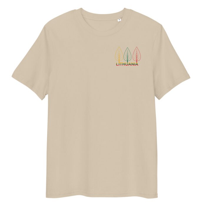 Unisex marškinėliai su trispalve ir lapais. Su užrašu LITHUANIA ir trispalvės spalvomis. Puikiai dera tiek kasdienėje, tiek šventinėje aprangoje.