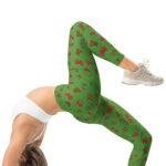 Temprės laisvalaikiui ir sportui, dekoruotos eglučių, dovanų ir šventinių simbolių raštu. Žalias kalėdinis temprių raštas, elastingas audinys