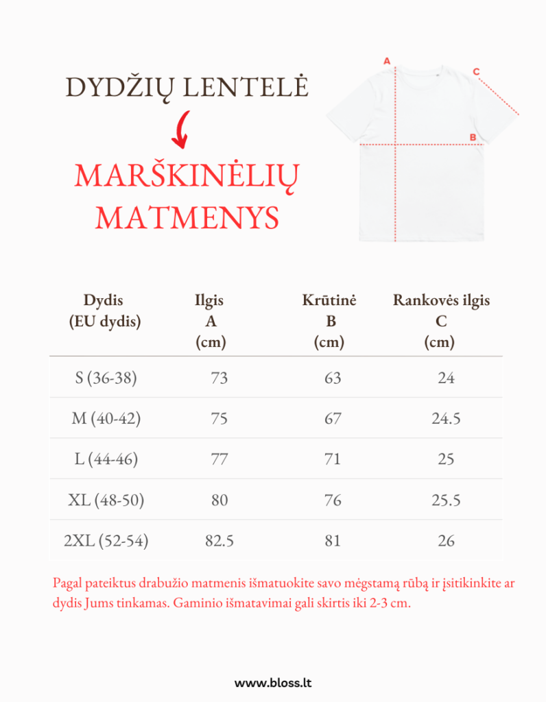 Oversize unisex marškinėlių dydžių lentelė