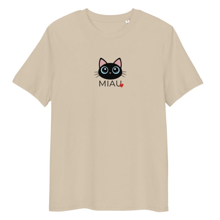 Šie unisex marškinėliai MIAU, pagaminti iš 100% organinės medvilnės Mažas katinėlis, užrašas MIAU . Minimalus dizainas, bet su charakteriu.
