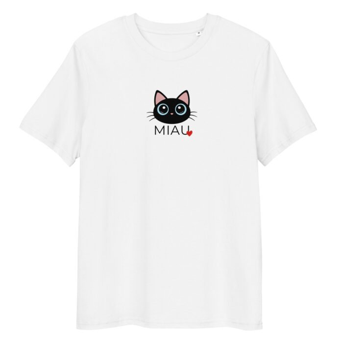 Šie unisex marškinėliai MIAU, pagaminti iš 100% organinės medvilnės Mažas katinėlis, užrašas MIAU . Minimalus dizainas, bet su charakteriu.