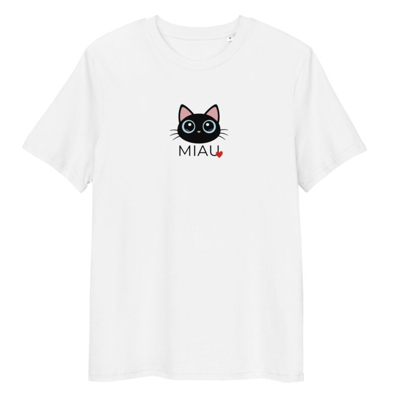 Šie unisex marškinėliai MIAU, pagaminti iš 100% organinės medvilnės Mažas katinėlis, užrašas MIAU . Minimalus dizainas, bet su charakteriu.