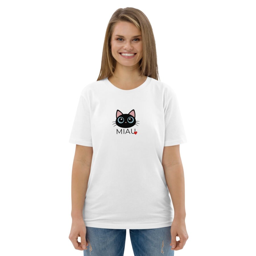 Šie unisex marškinėliai MIAU, pagaminti iš 100% organinės medvilnės Mažas katinėlis, užrašas MIAU . Minimalus dizainas, bet su charakteriu.
