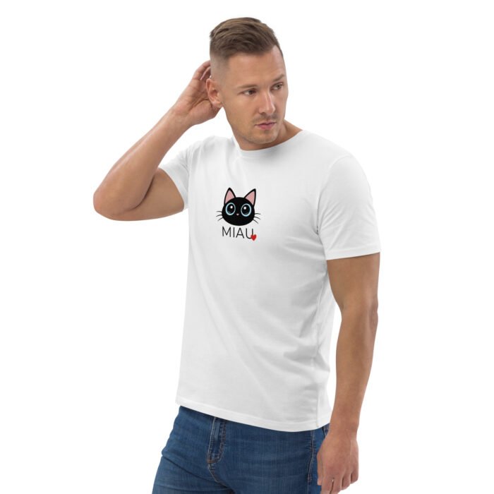 Šie unisex marškinėliai MIAU, pagaminti iš 100% organinės medvilnės Mažas katinėlis, užrašas MIAU . Minimalus dizainas, bet su charakteriu.