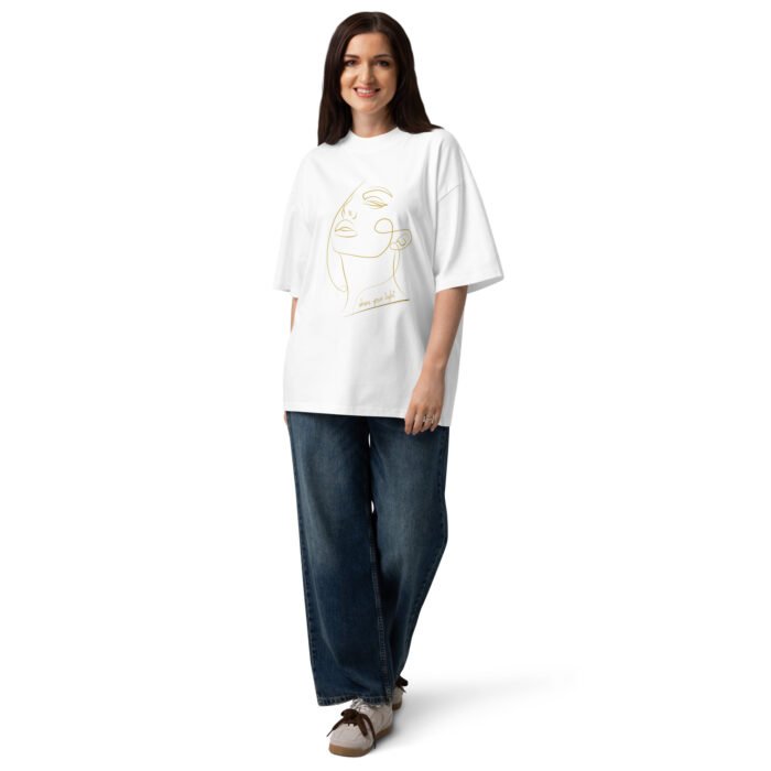 Oversize marškinėliai Shine Your Light balti su moters veido piešiniu