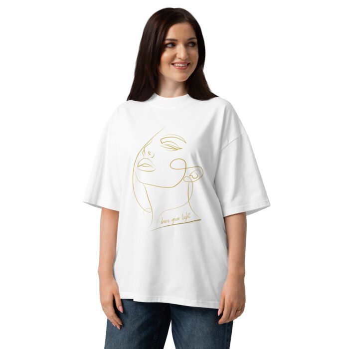 Oversize marškinėliai Shine Your Light balti su moters veido piešiniu